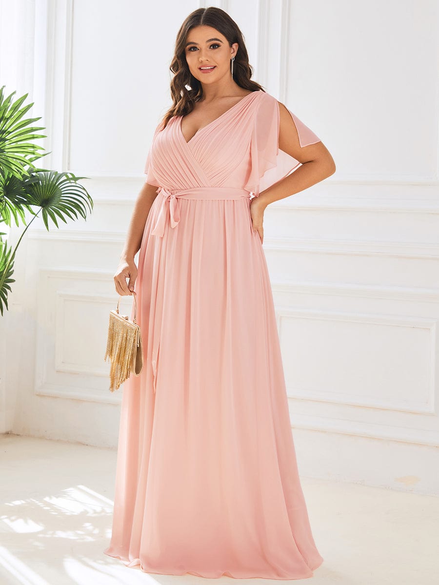 MsDresslyEP Plus Formal Dress Plus Size Ruffle Pleated Chiffon Tie-Waist Evening Dress