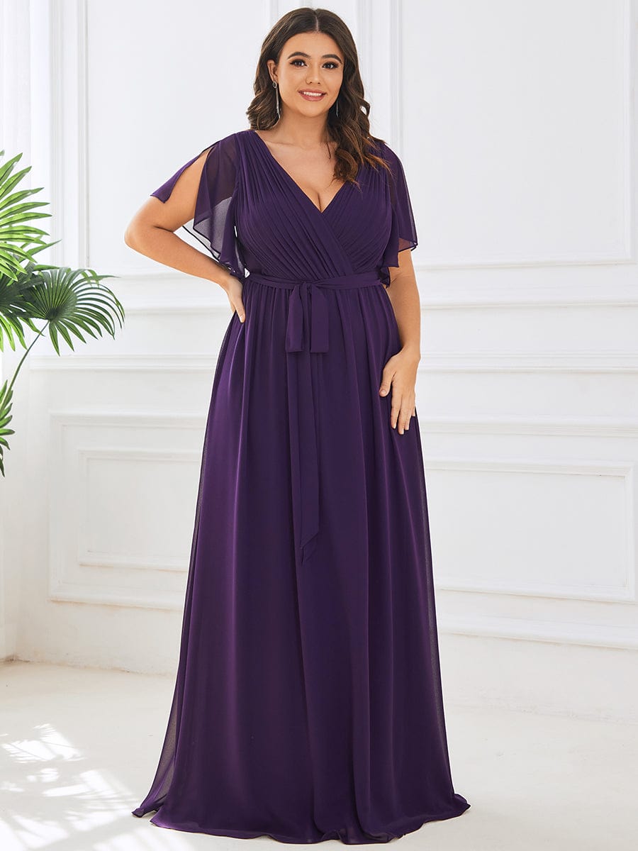 MsDresslyEP Plus Formal Dress Plus Size Ruffle Pleated Chiffon Tie-Waist Evening Dress
