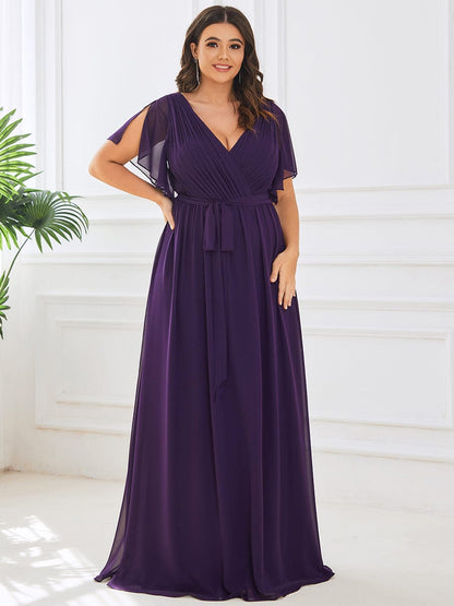 MsDresslyEP Plus Formal Dress Plus Size Ruffle Pleated Chiffon Tie-Waist Evening Dress