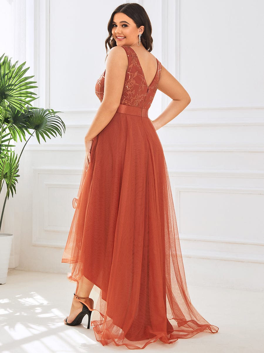MsDresslyEP Plus Formal Dress Plus Size Sequin High-Low Deep V Neck Tulle Evening Dresses