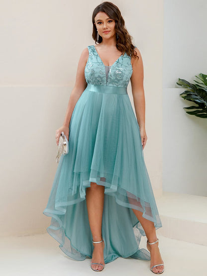 MsDresslyEP Plus Formal Dress Plus Size Sequin High-Low Deep V Neck Tulle Evening Dresses