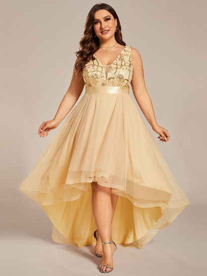 MsDresslyEP Plus Formal Dress Plus Size Sequin High-Low Deep V Neck Tulle Evening Dresses