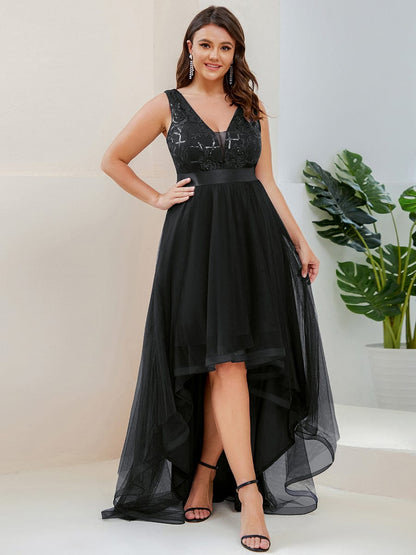 MsDresslyEP Plus Formal Dress Plus Size Sequin High-Low Deep V Neck Tulle Evening Dresses