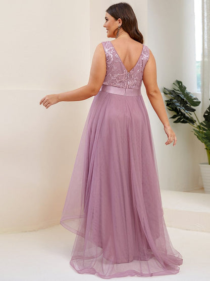 MsDresslyEP Plus Formal Dress Plus Size Sequin High-Low Deep V Neck Tulle Evening Dresses
