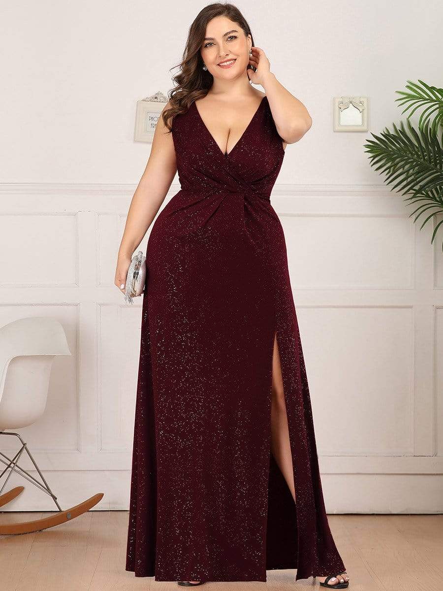 MsDresslyEP Plus Formal Dress Plus Size Shiny V Neck Side Slit Formal Evening Dress DRE230977519BDG16
