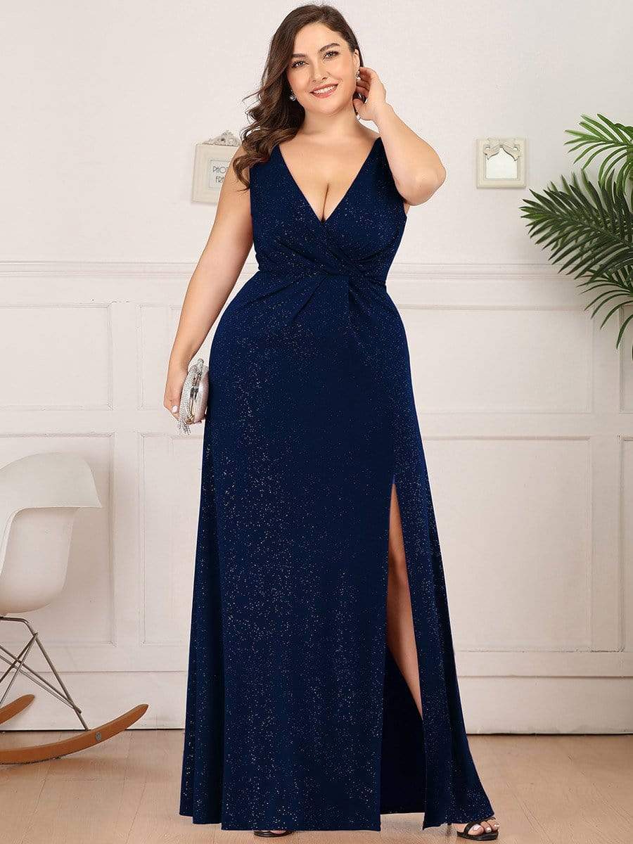 MsDresslyEP Plus Formal Dress Plus Size Shiny V Neck Side Slit Formal Evening Dress DRE230977525NBY16