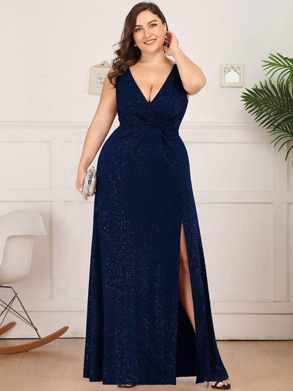 MsDresslyEP Plus Formal Dress Plus Size Shiny V Neck Side Slit Formal Evening Dress DRE230977525NBY16