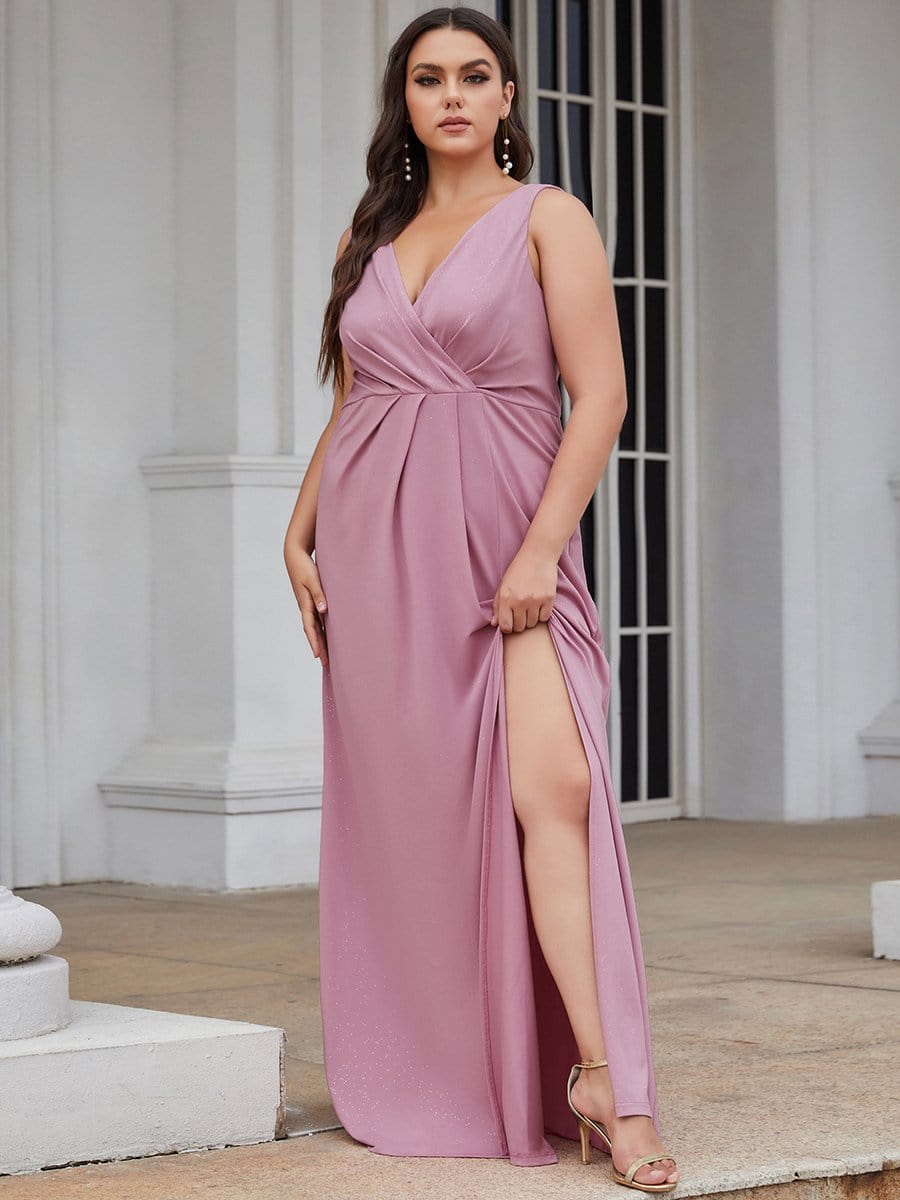 MsDresslyEP Plus Formal Dress Plus Size Shiny V Neck Side Slit Formal Evening Dress DRE230977547POH16