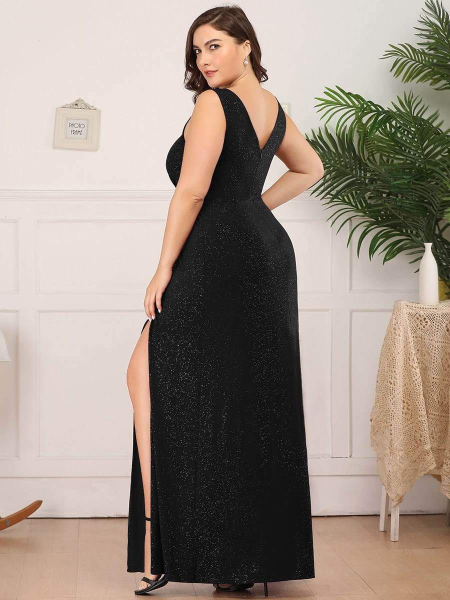 MsDresslyEP Plus Formal Dress Plus Size Shiny V Neck Side Slit Formal Evening Dress