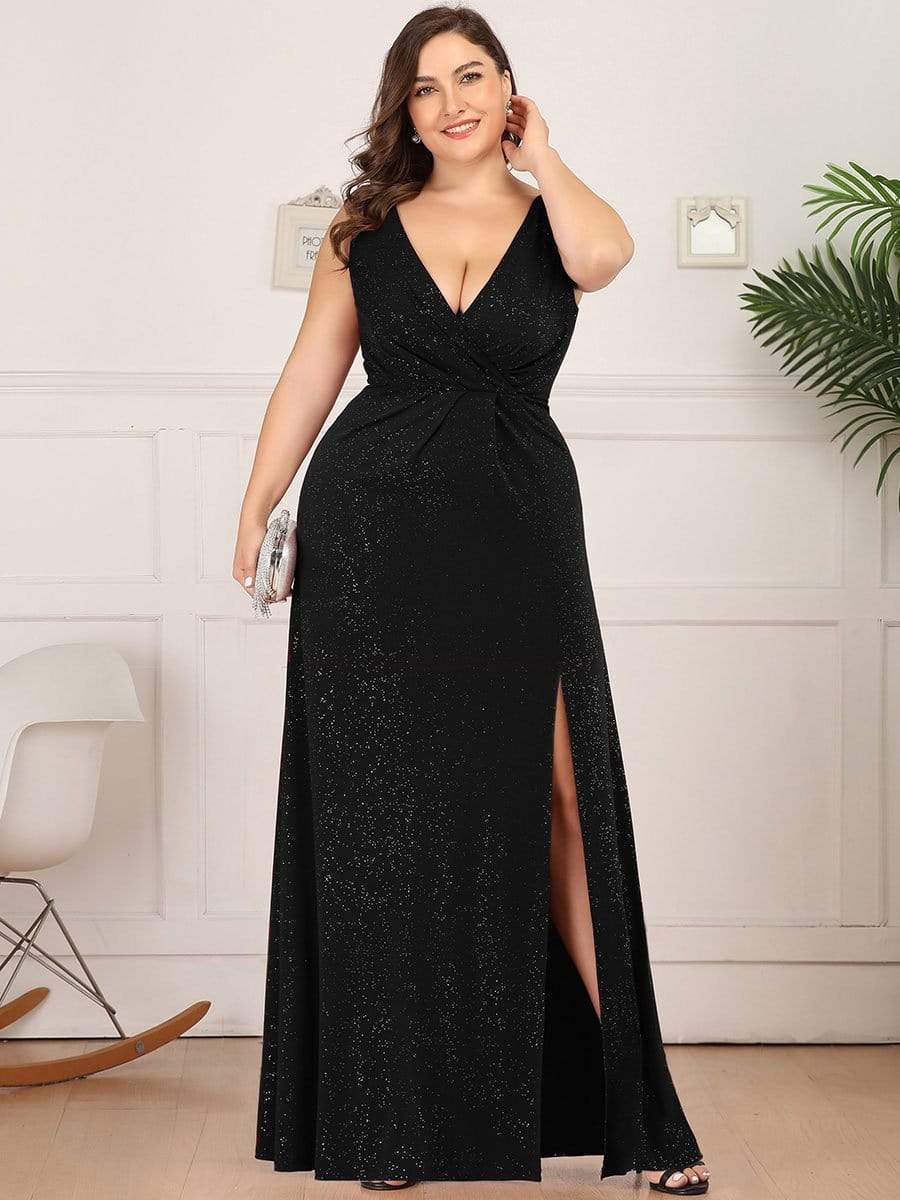 MsDresslyEP Plus Formal Dress Plus Size Shiny V Neck Side Slit Formal Evening Dress