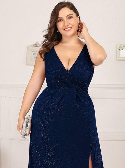 MsDresslyEP Plus Formal Dress Plus Size Shiny V Neck Side Slit Formal Evening Dress