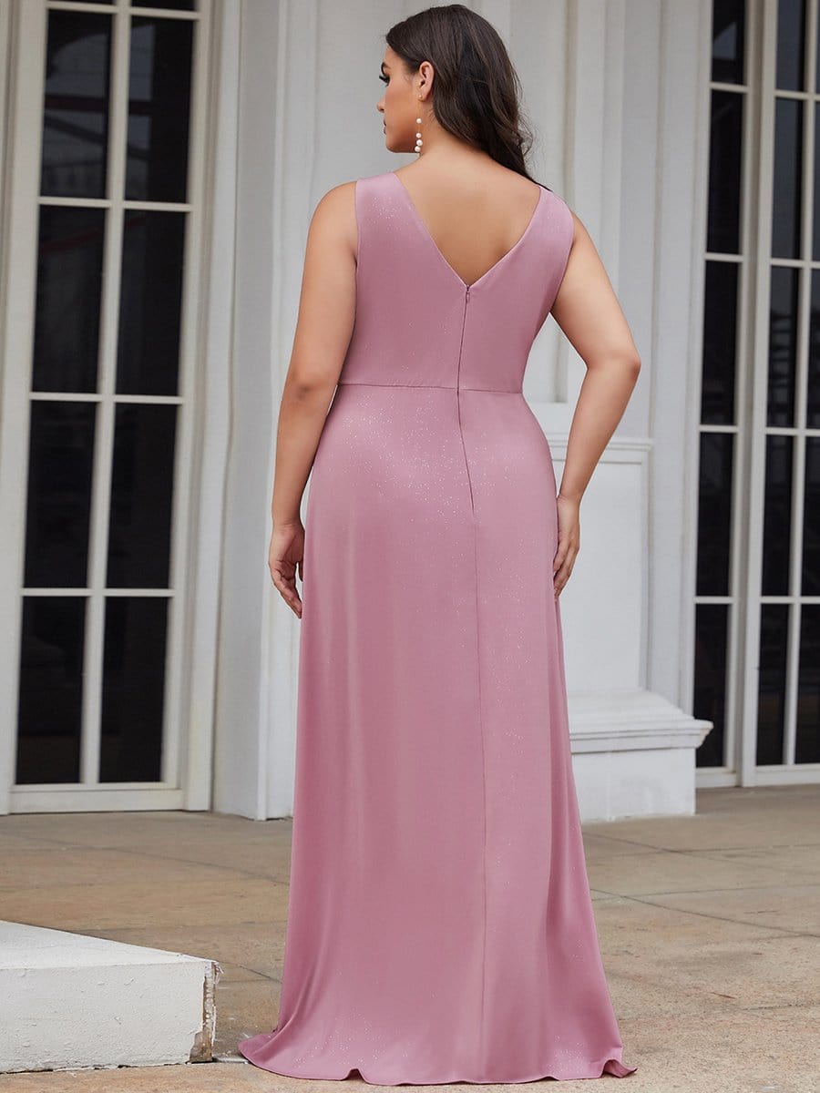 MsDresslyEP Plus Formal Dress Plus Size Shiny V Neck Side Slit Formal Evening Dress