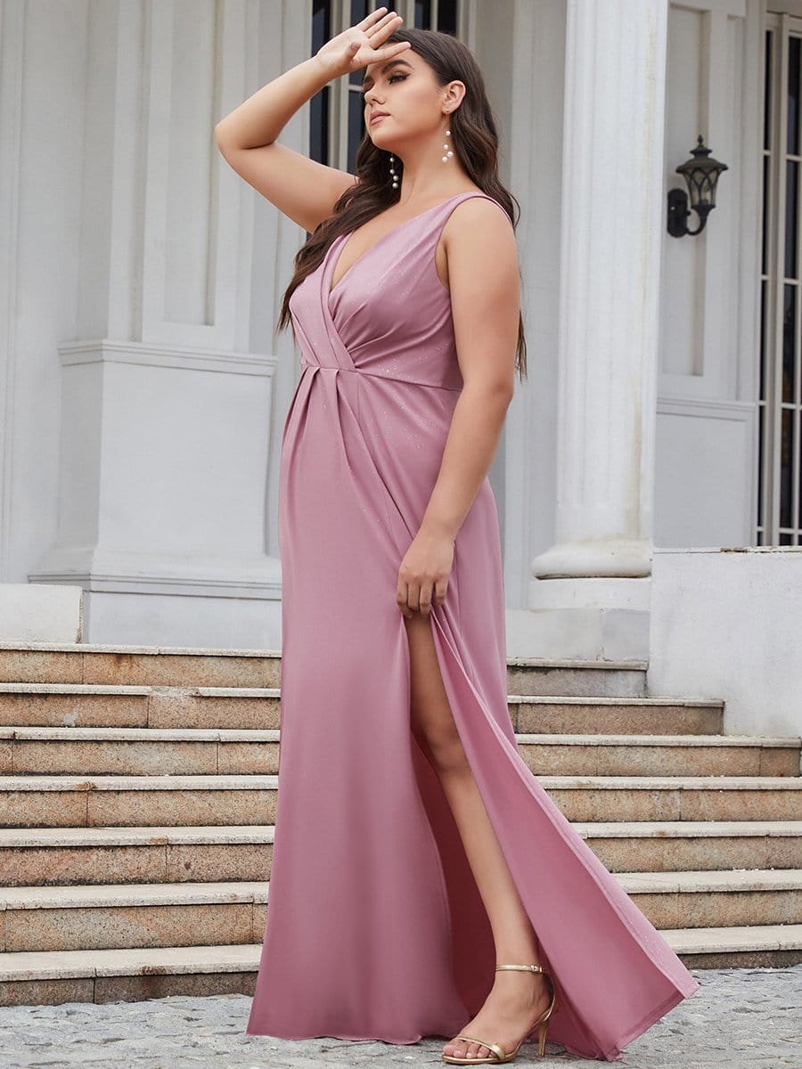 MsDresslyEP Plus Formal Dress Plus Size Shiny V Neck Side Slit Formal Evening Dress