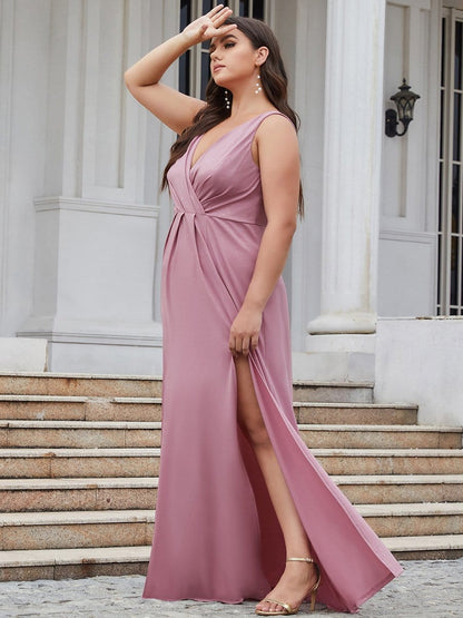 MsDresslyEP Plus Formal Dress Plus Size Shiny V Neck Side Slit Formal Evening Dress