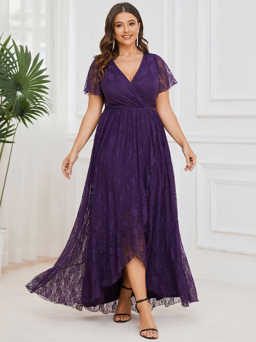 MsDresslyEP Plus Formal Dress Plus Size Short Sleeve Ruffled V-Neck A-Line Lace Evening Dress