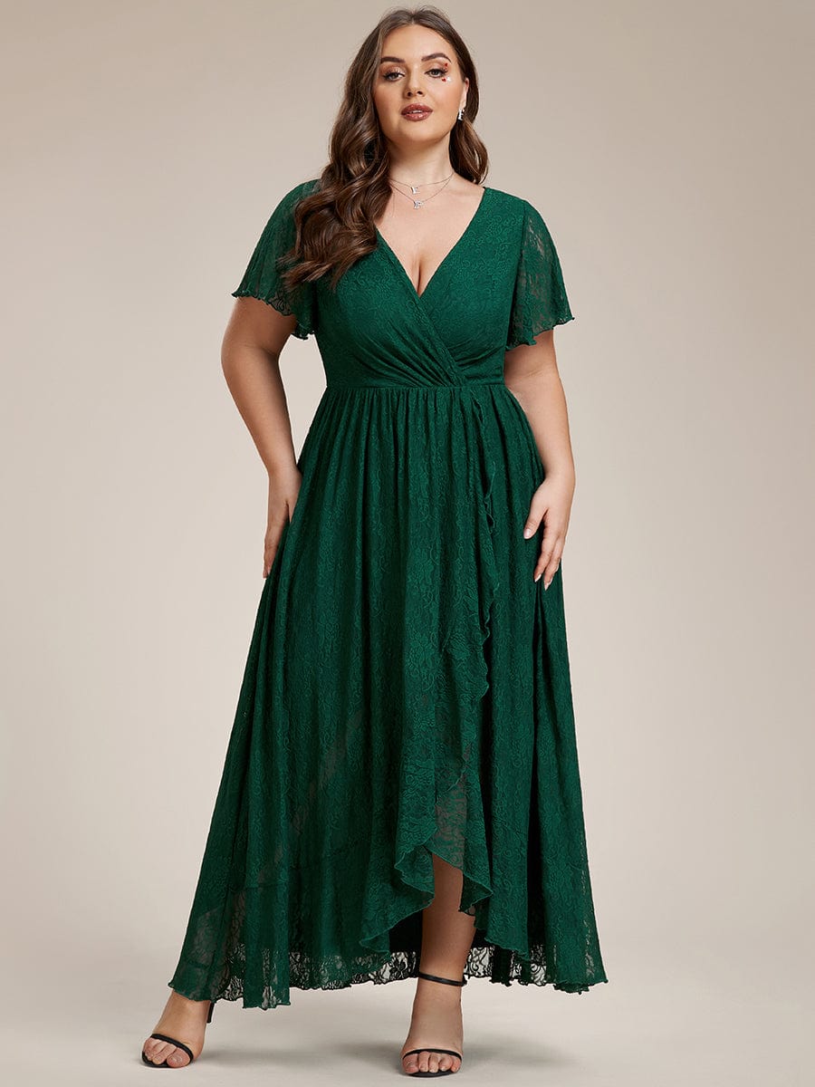 MsDresslyEP Plus Formal Dress Plus Size Short Sleeve Ruffled V-Neck A-Line Lace Evening Dress