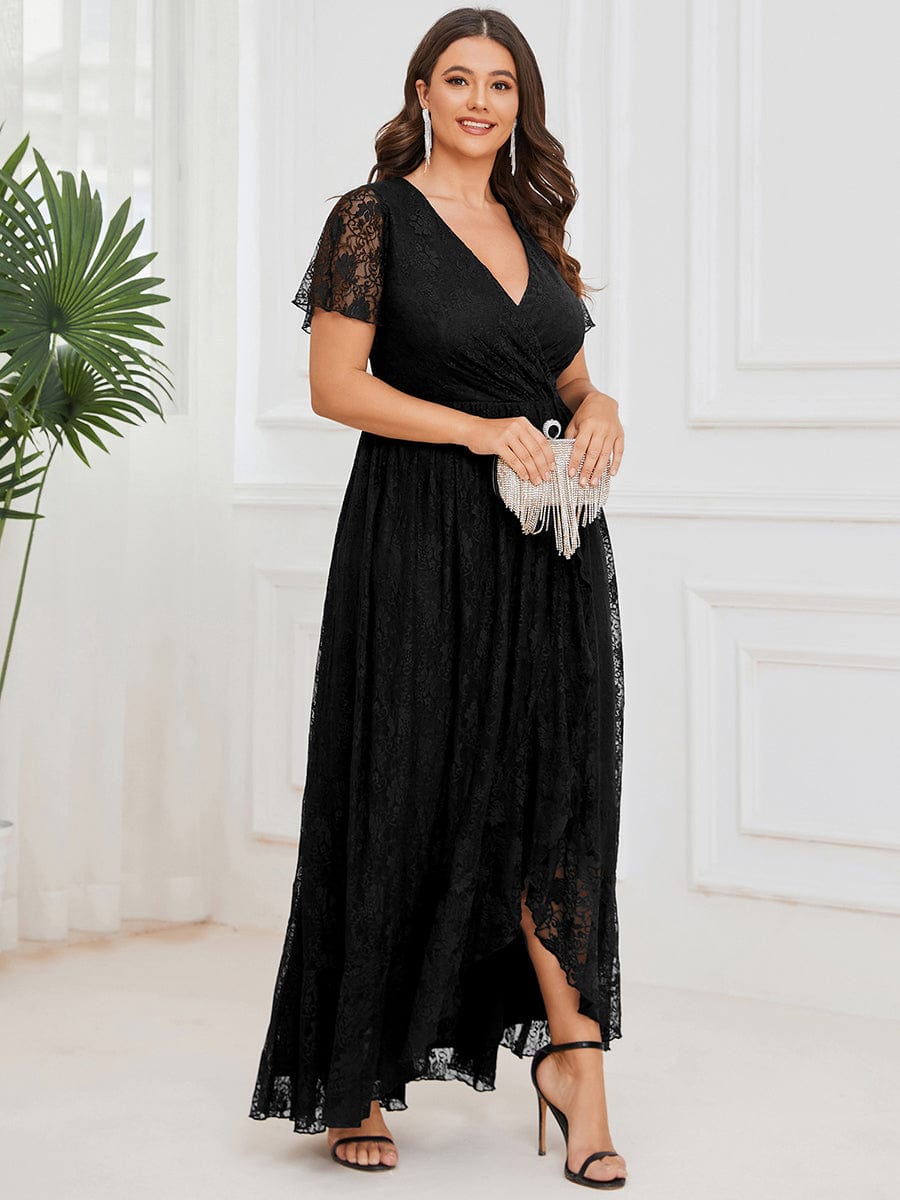 MsDresslyEP Plus Formal Dress Plus Size Short Sleeve Ruffled V-Neck A-Line Lace Evening Dress