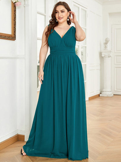 MsDresslyEP Plus Formal Dress Plus Size Sleeveless V-Neck Chiffon Semi Formal Maxi Dress
