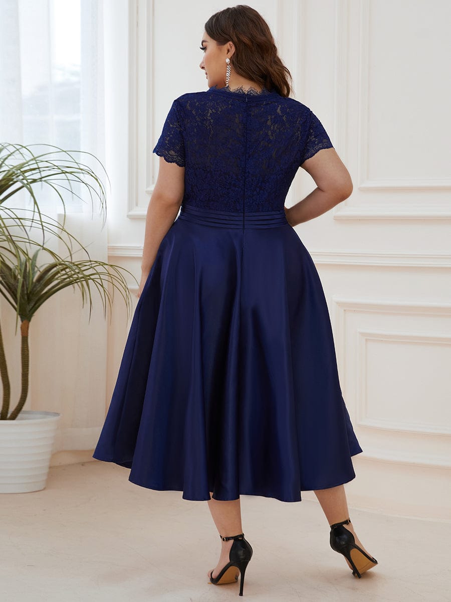MsDresslyEP Plus Formal Dress Plus Size V-neck Lace Bodice A-line Cocktail Dress with Pockets