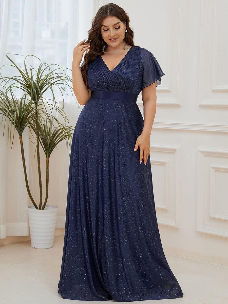 MsDresslyEP Plus Formal Dress Plus Size V Neck Ribbon Waist Formal Evening Dress With Sleeves