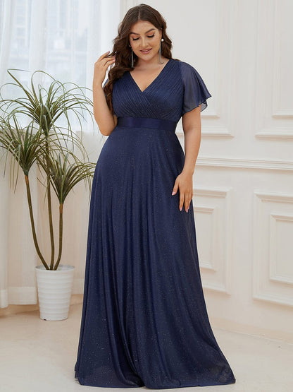 MsDresslyEP Plus Formal Dress Plus Size V Neck Ribbon Waist Formal Evening Dress With Sleeves