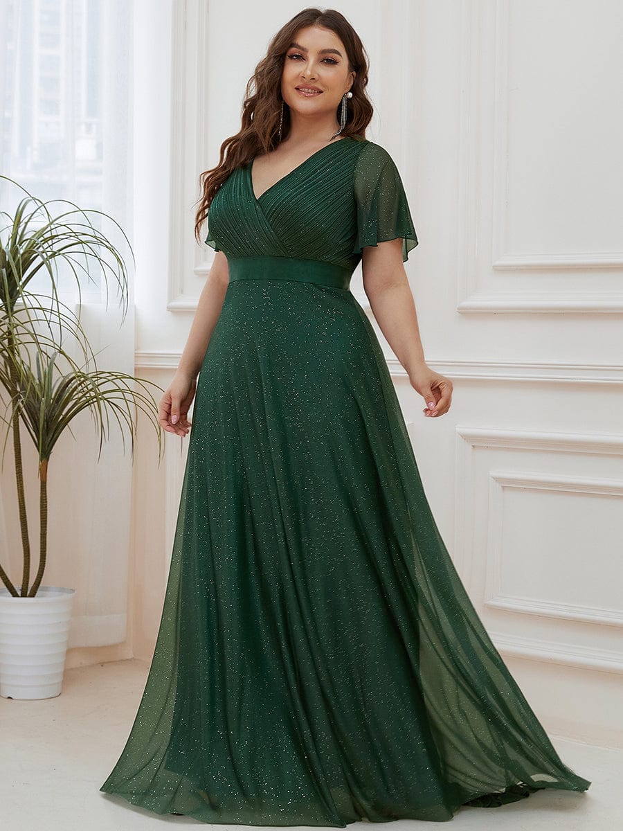 MsDresslyEP Plus Formal Dress Plus Size V Neck Ribbon Waist Formal Evening Dress With Sleeves