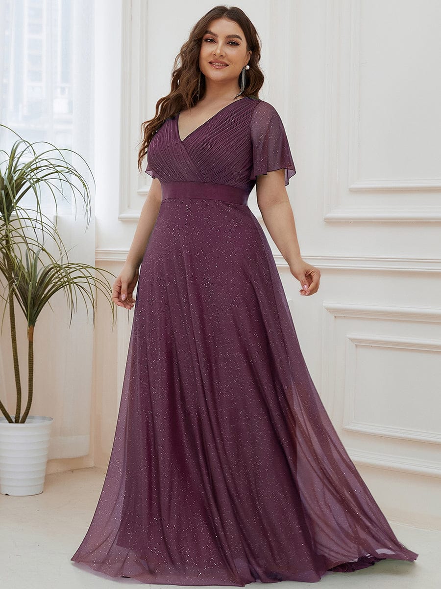 MsDresslyEP Plus Formal Dress Plus Size V Neck Ribbon Waist Formal Evening Dress With Sleeves