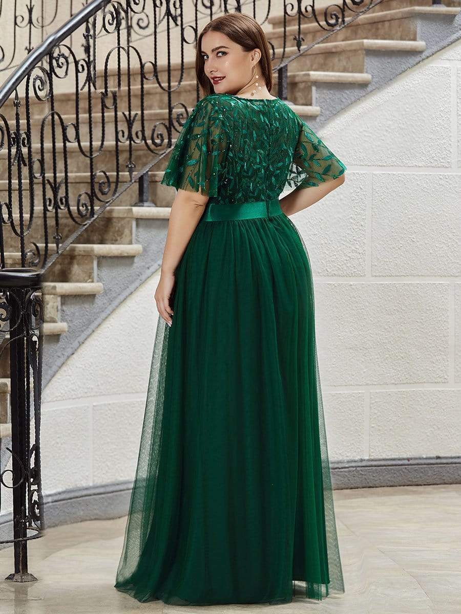 MsDresslyEP Plus Formal Dress Plus Size Women's Embroidery Evening Dresses with Short Sleeve