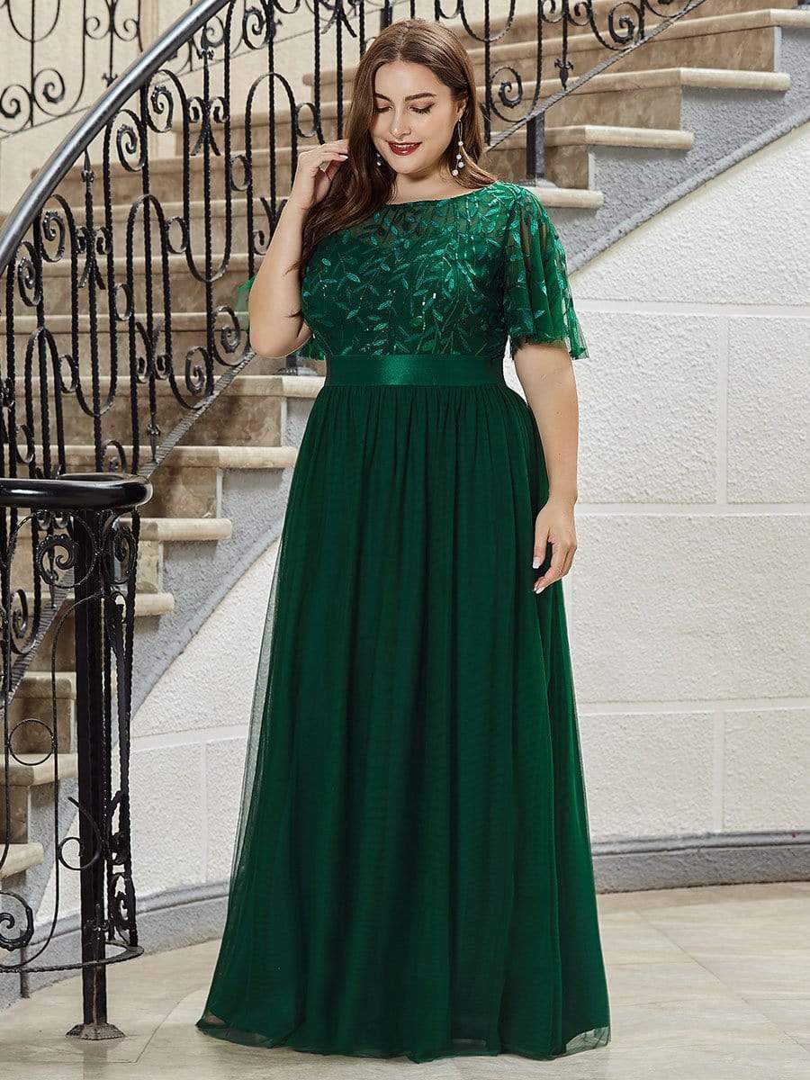MsDresslyEP Plus Formal Dress Plus Size Women's Embroidery Evening Dresses with Short Sleeve