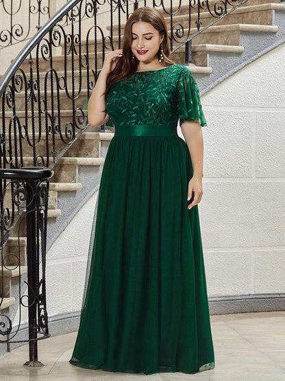 MsDresslyEP Plus Formal Dress Plus Size Women's Embroidery Evening Dresses with Short Sleeve